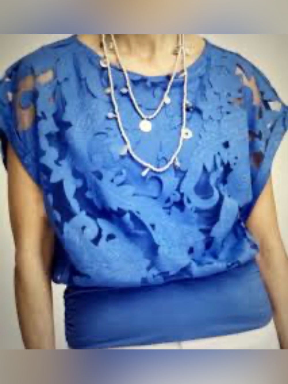 Chico's Royal Blue Floral Burnout Banded-Hem Top